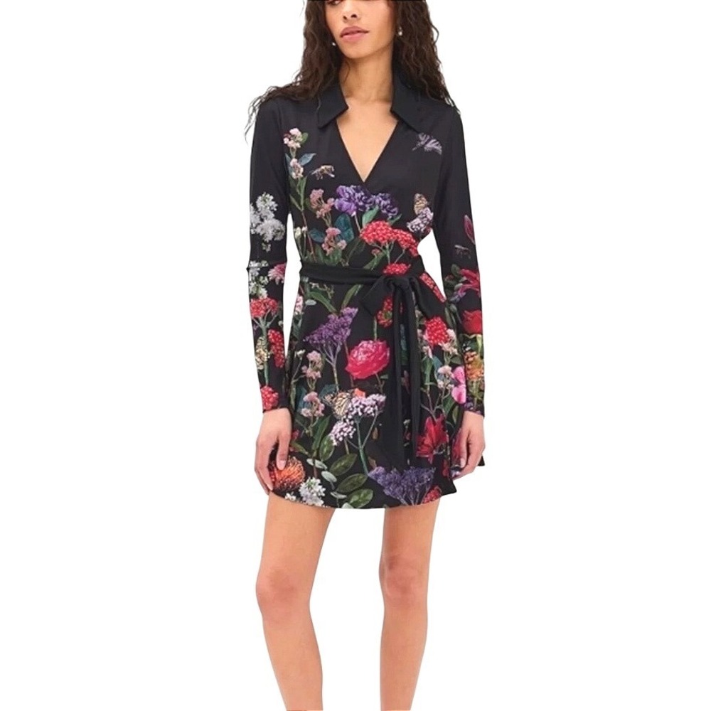 Alice + Olivia Millicent Wrap Dress Black Floral Butterfly Long Sleeve Mini 10 - Picture 15 of 15